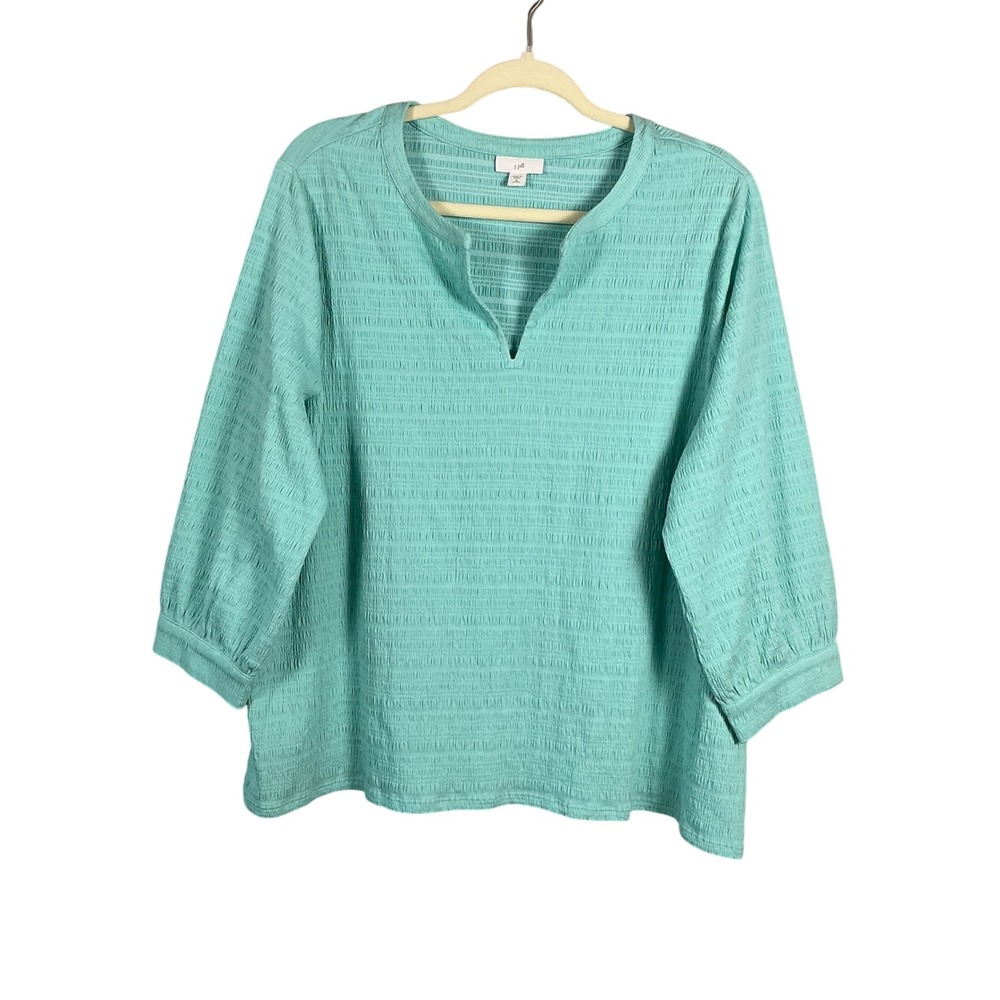 J. Jill Aqua Crinkle Textured Split Neck 3/4 Sleeve Blouse XL Petite